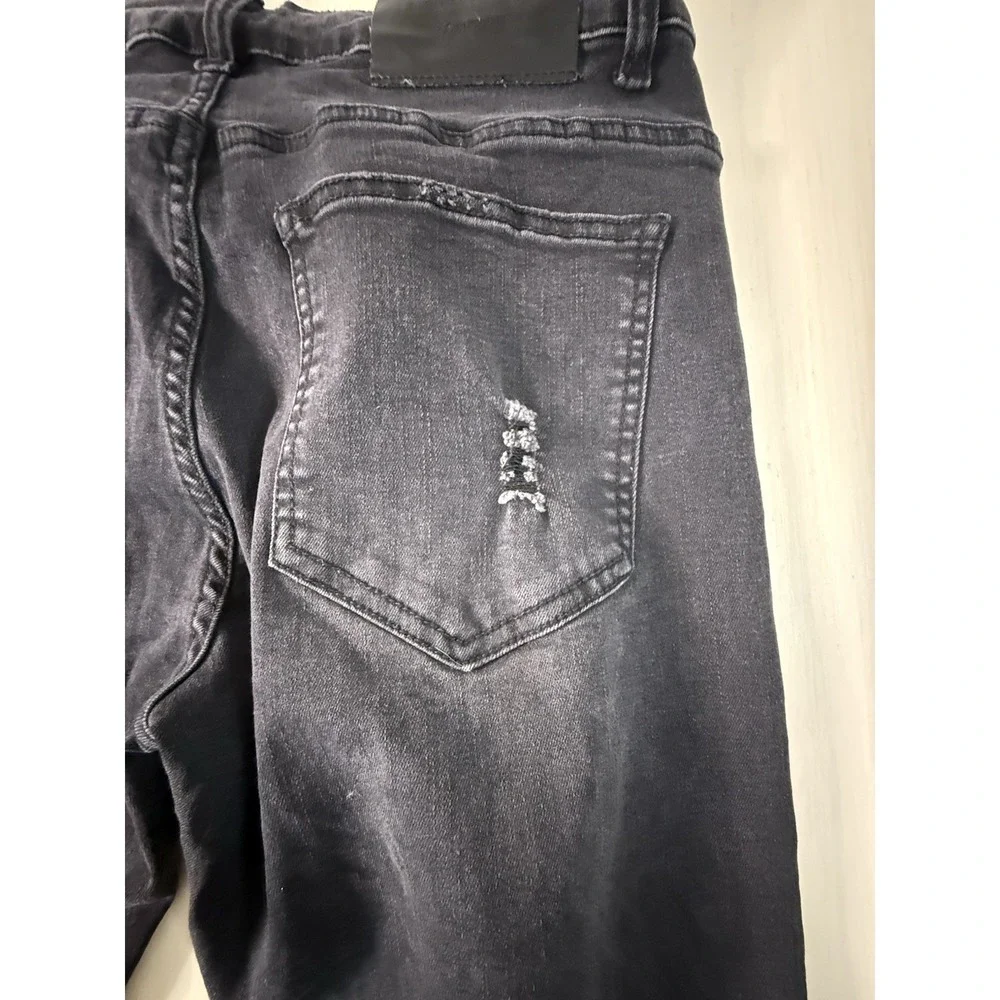 RECKLESS Men's Distressed Slim Straight Jeans Black Denim 5-Pocket Button Zip